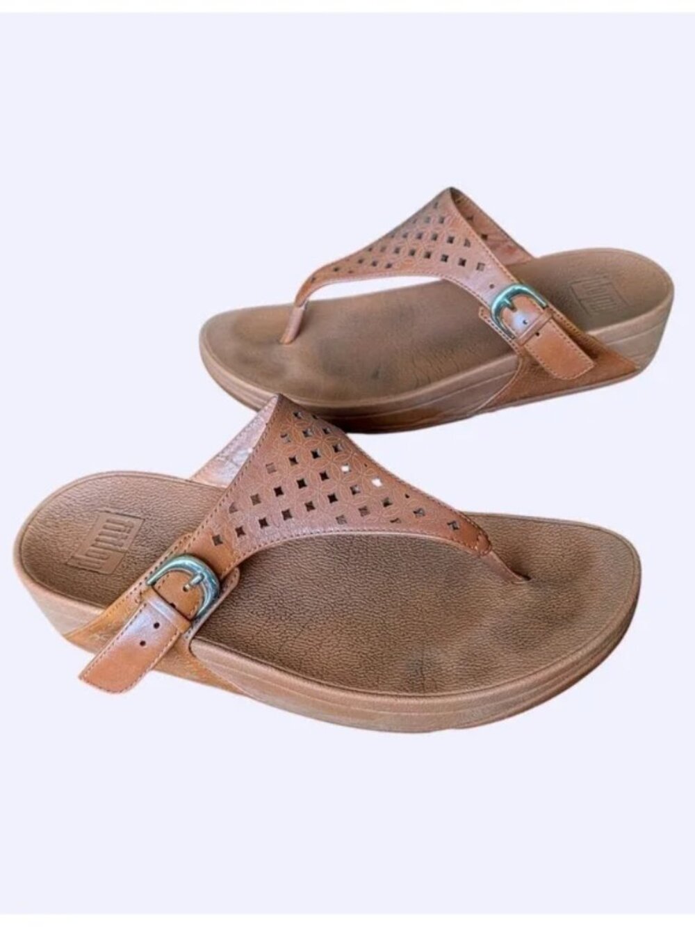 FitFlop Lulu Tan Leather Laser Cut Buckle Sandals Microwobbleboard EU 38